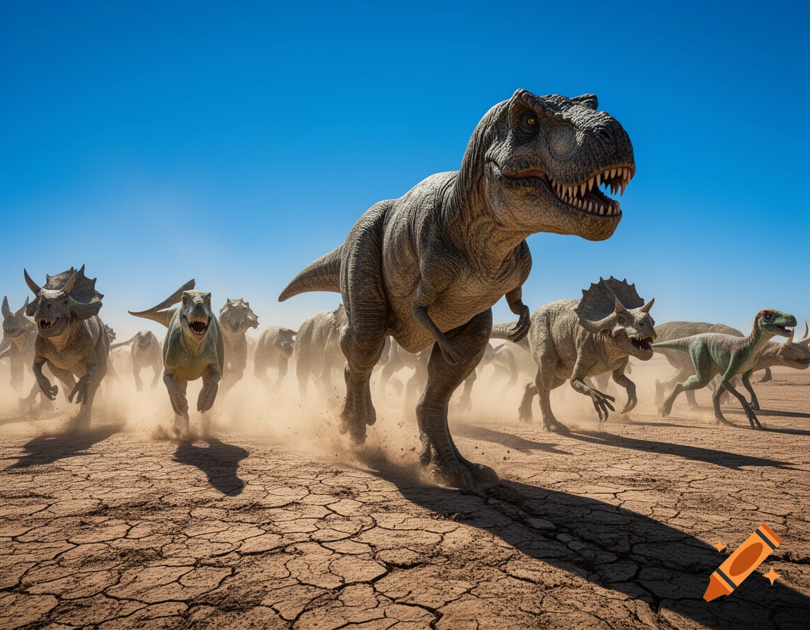 A photorealistic dinosaur stampede with a T-Rex, triceratops, and raptors running through a dusty, cracked desert under a blue sky.