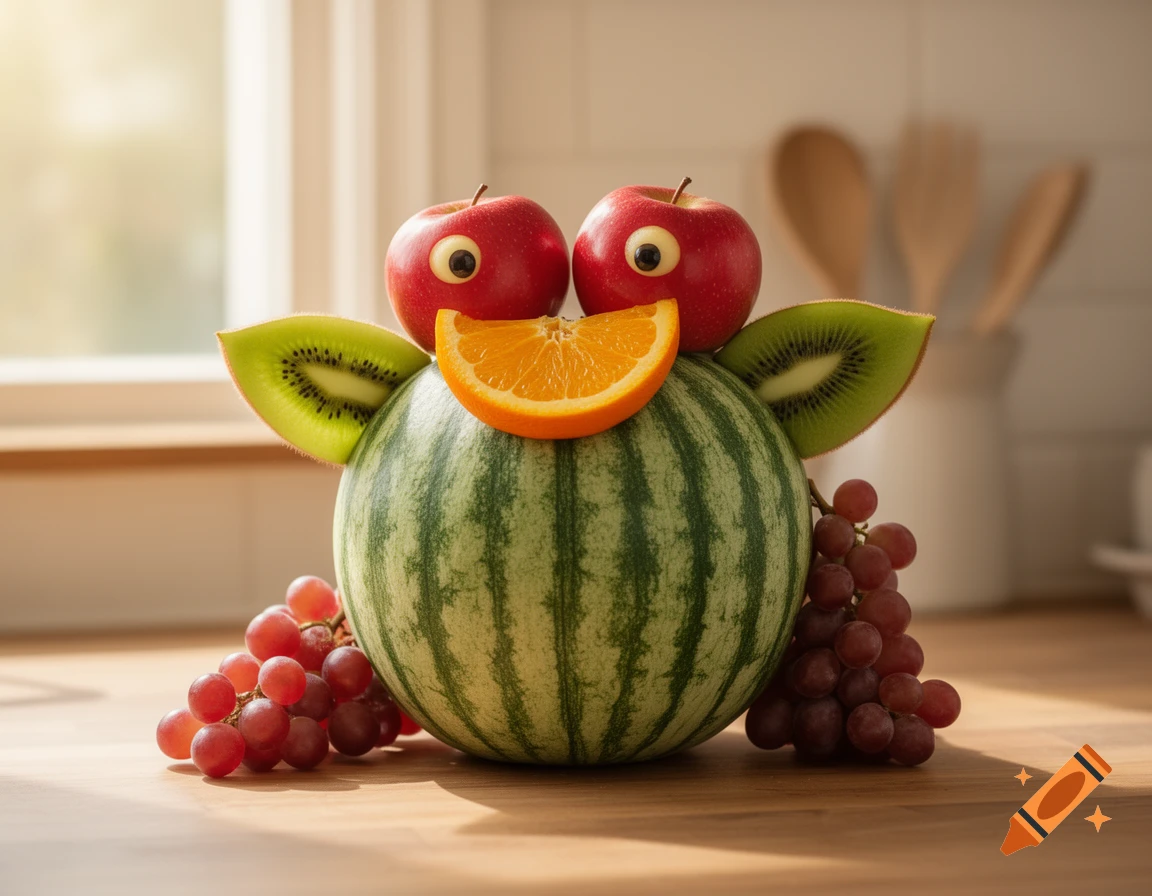 A whimsical fruit animal on a wooden kitchen counter, made from a watermelon body, apple eyes, kiwi wings, and an orange slice mouth, with bunches of grapes beside it.
