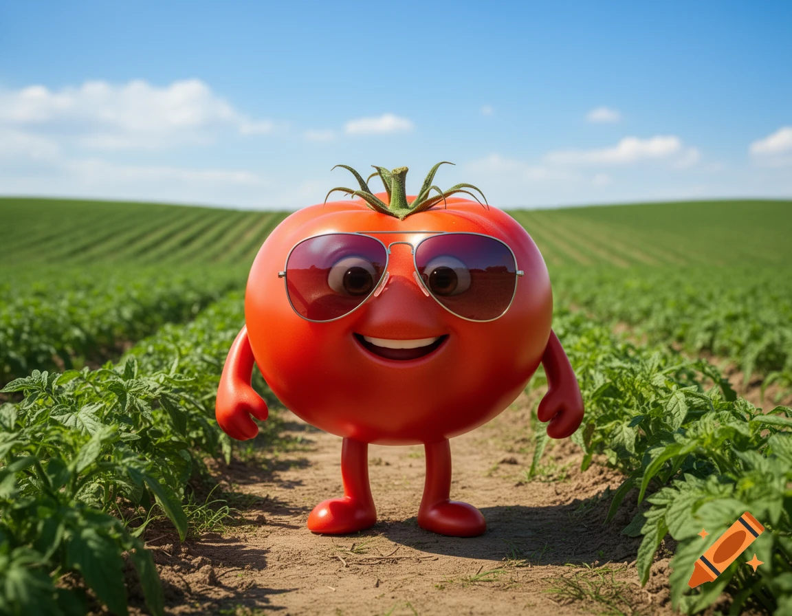A smiling, anthropomorphic red tomato with sunglasses stands in a sunny green crop field under a blue sky.