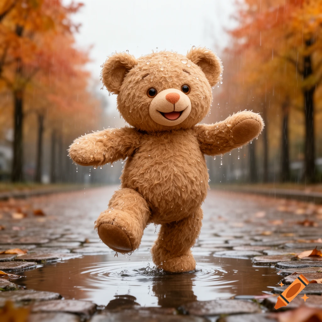 A happy, wet teddy bear dances and splashes in a puddle on a rainy autumn street with orange trees.