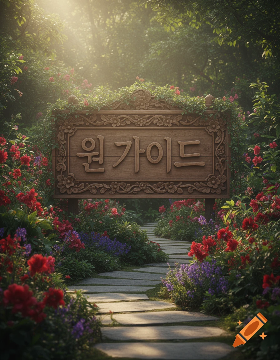 A winding stone path through a lush, sunlit garden with red and purple flowers and a carved wooden sign with Korean text.