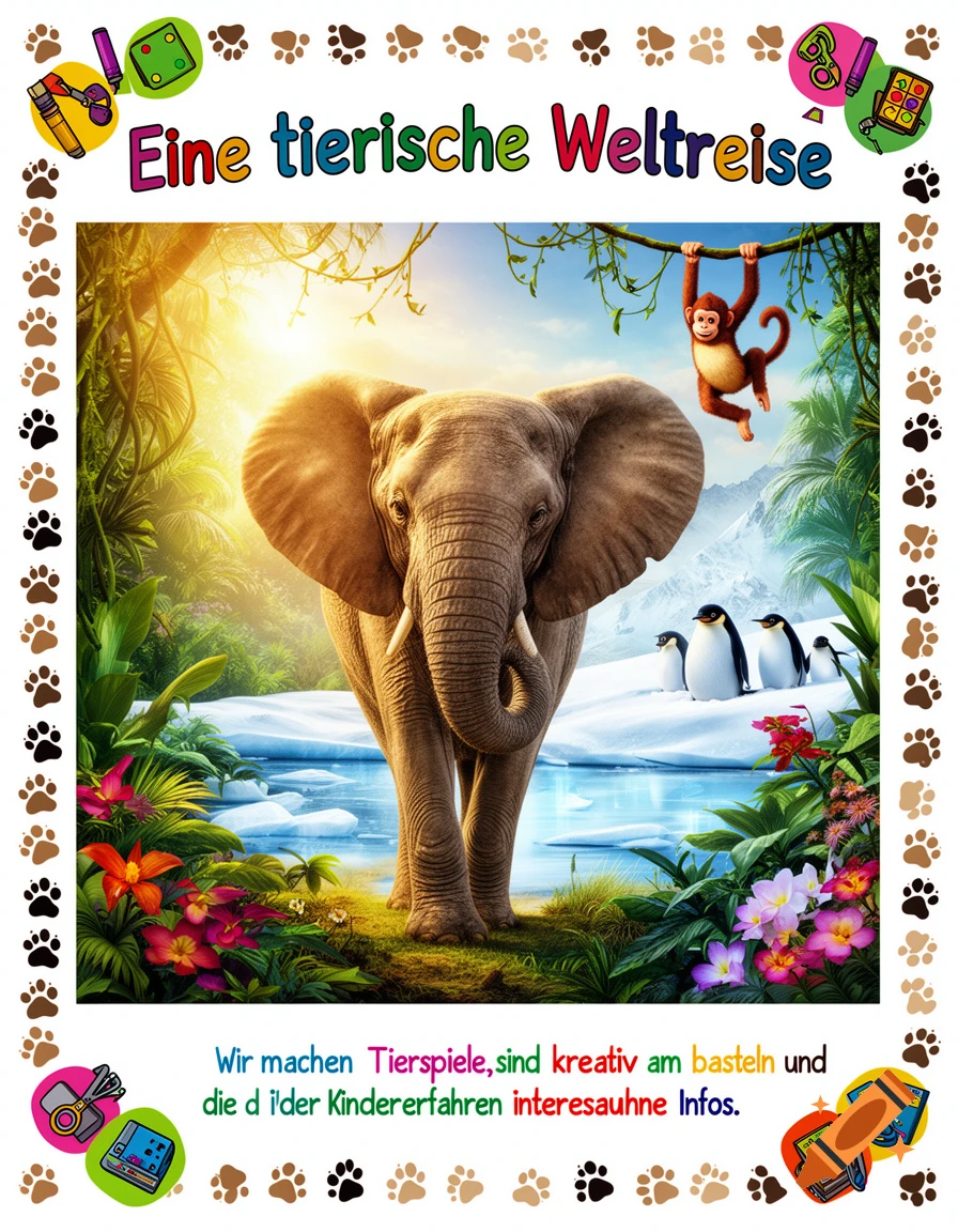 Vibrant children's poster showing an elephant, monkey, and penguins in a mixed jungle and arctic landscape.