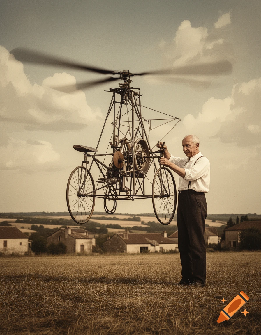 A vintage sepia-toned photo of an old man standing next to an early helicopter-bicycle in a field, with a rural background.