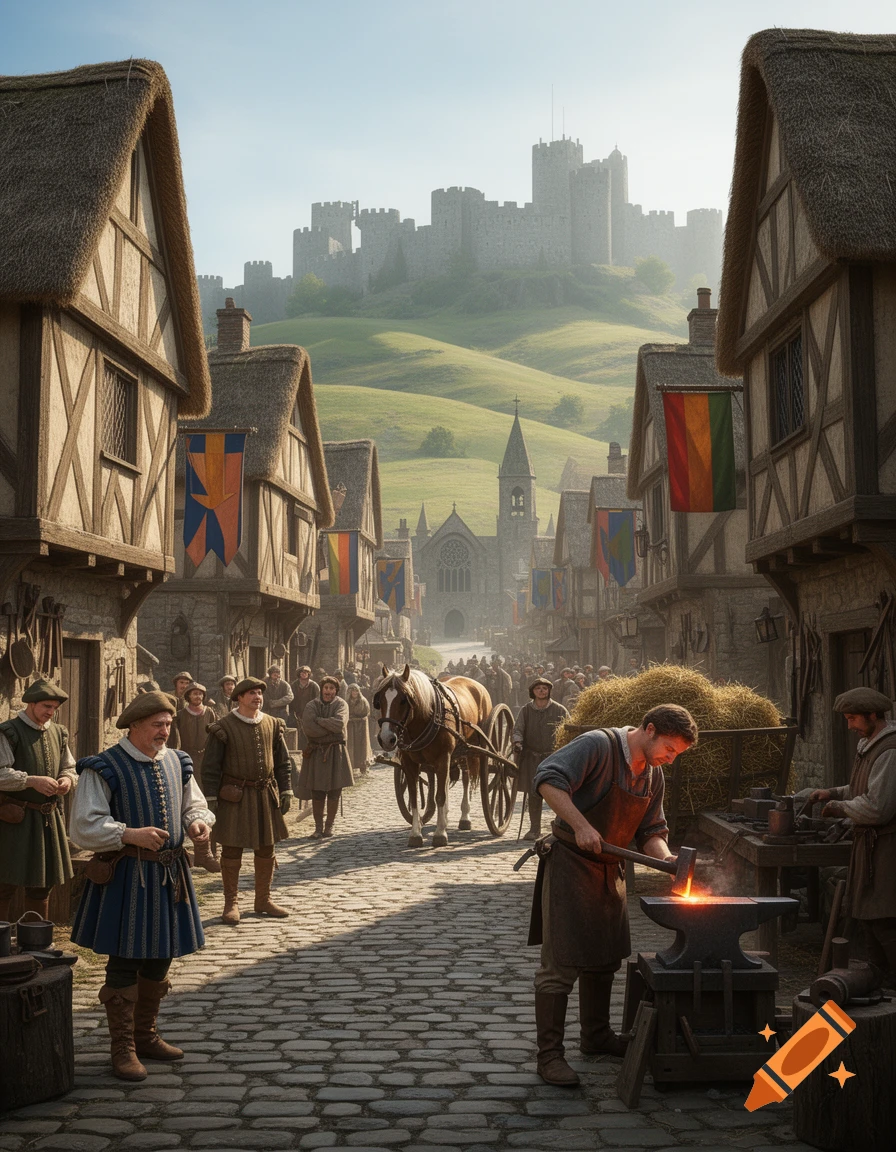 A medieval cobblestone street with timber-framed houses, a blacksmith, townsfolk, a horse-drawn cart, and a castle on a hill.