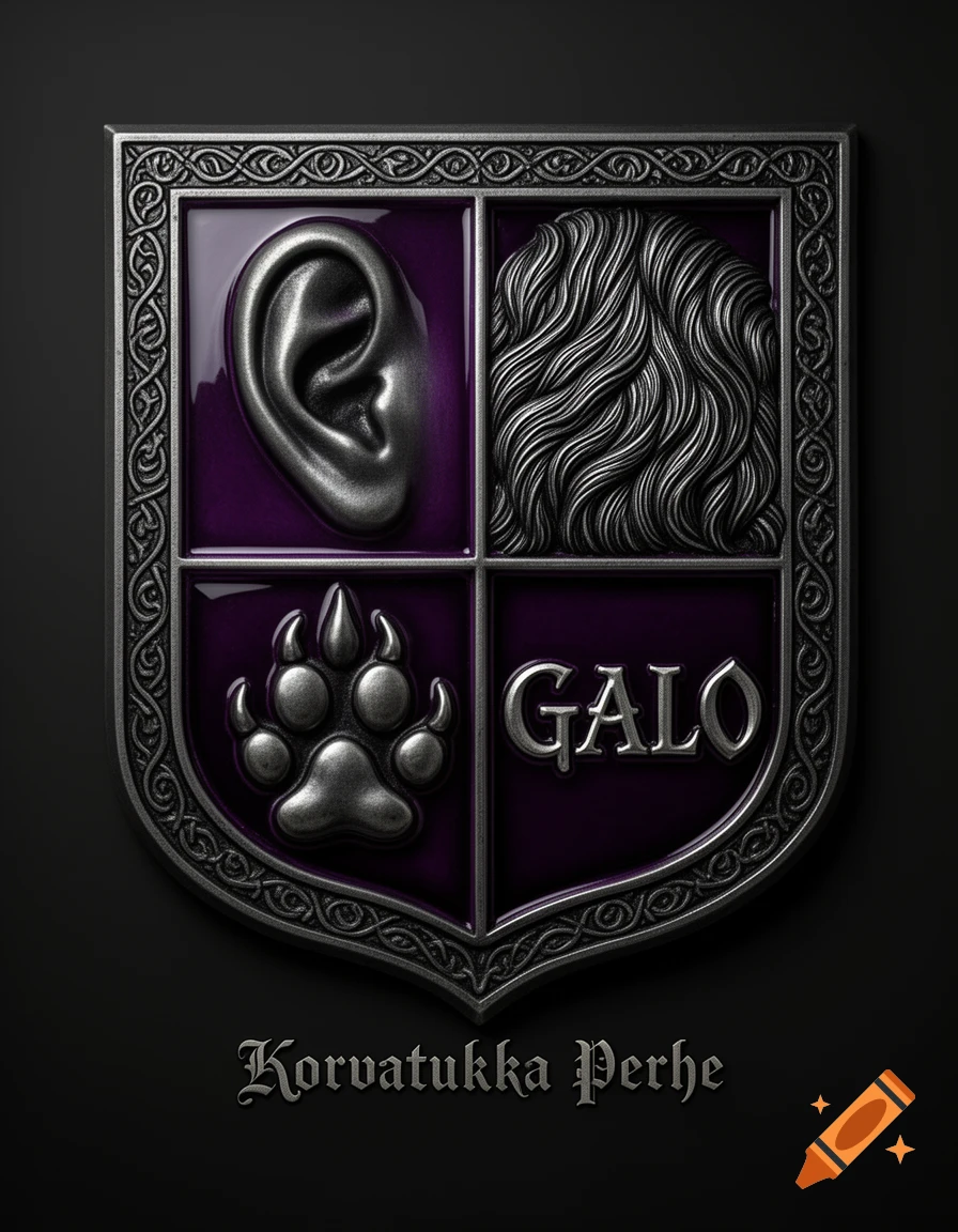 A medieval-style heraldic crest, quartered in purple and silver, featuring an ear, hair, a paw print, and 'GALO'. Text 'Korvatukka Perhe' below.