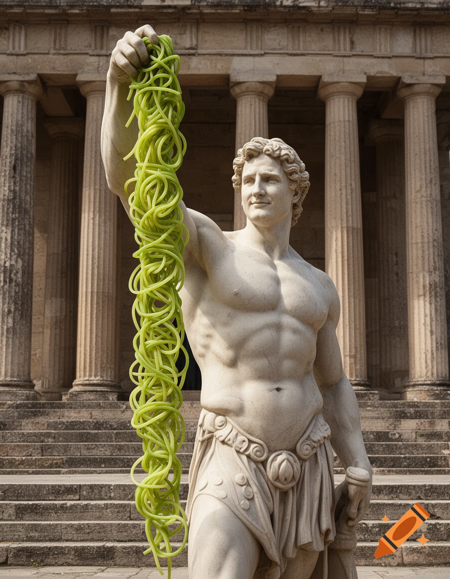 Photorealistic marble statue of Hercules holding a long strand of green spaghetti in front of ancient ruins.