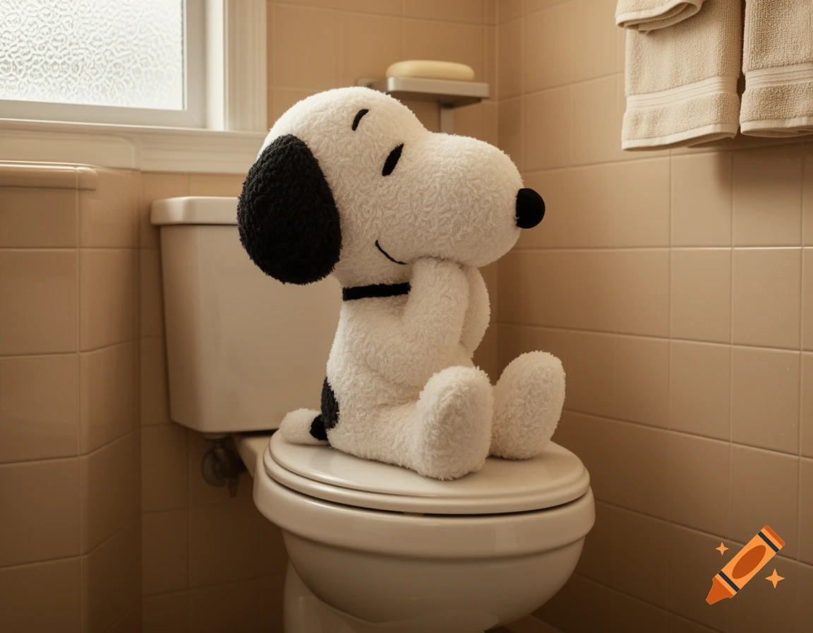 Photorealistic Snoopy plush toy sitting on a toilet in a tiled bathroom, looking thoughtfully to the side.