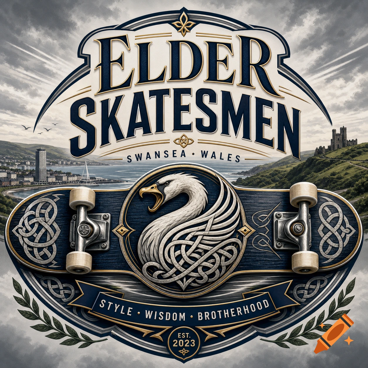 Vintage-style logo for "Elder Skatesmen" featuring a skateboard, a swan with Celtic knot wings, text, and a landscape of Swansea, Wales.