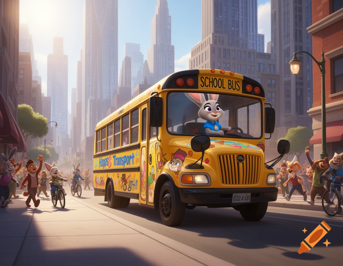 Judy Hopps drives a yellow school bus through a city street, with other anthropomorphic animals waving and cycling nearby.