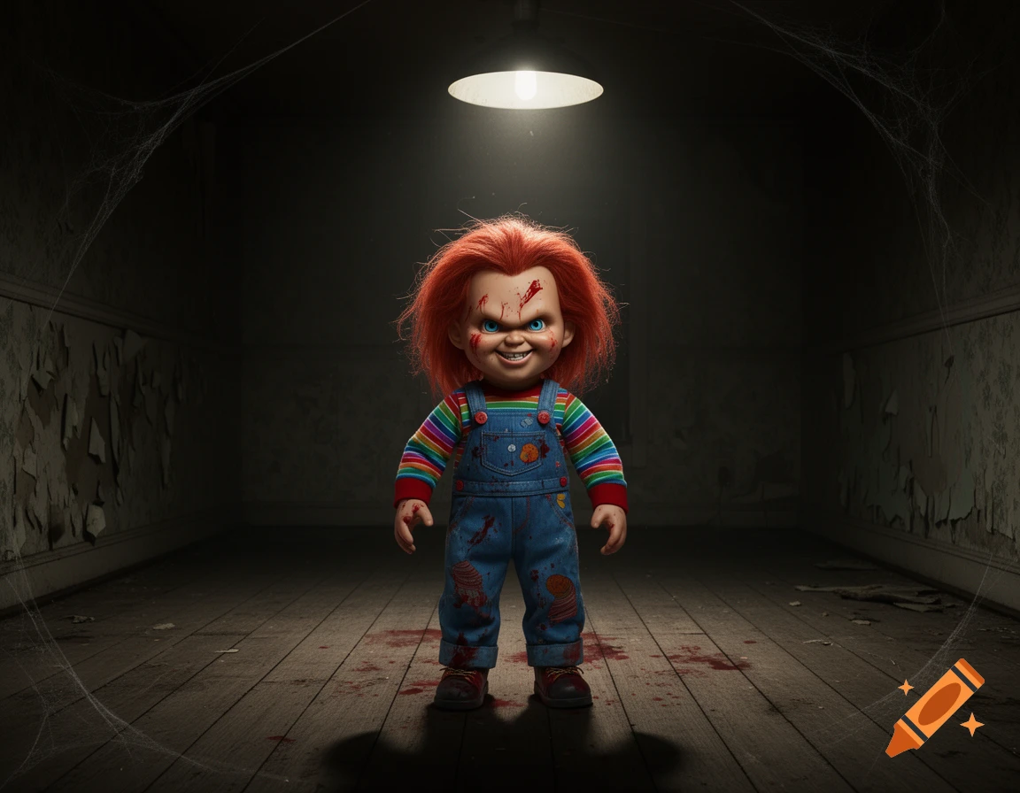 Photorealistic image of the Chucky doll, with red hair and a striped shirt, covered in blood, standing in a dark, dilapidated room.