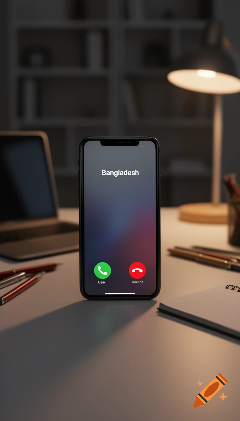 A smartphone on a desk displays an incoming call from "Bangladesh" with options to "Ceacl" or "Decline." A laptop and lamp are in the blurred background.