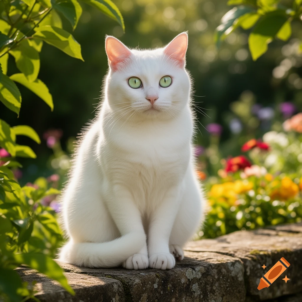 A photorealistic white cat with bright green eyes sits on a stone wall ...