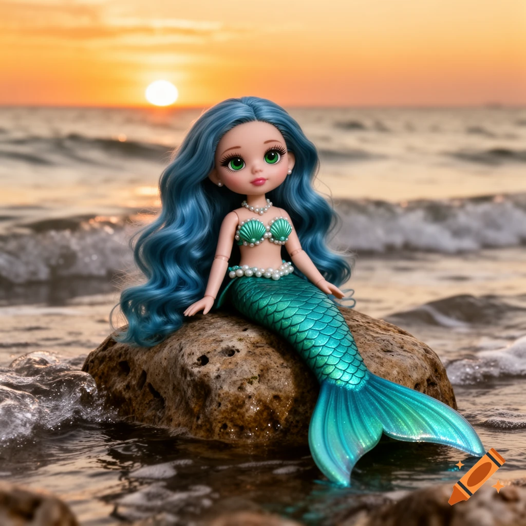 A photorealistic mermaid doll with blue hair and a green tail sits on a rock in the ocean during sunset.