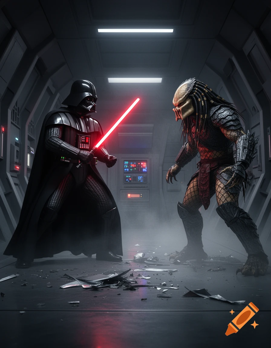 Darth Vader with a red lightsaber duels a Predator in a dark, foggy spaceship corridor, both ready for combat.