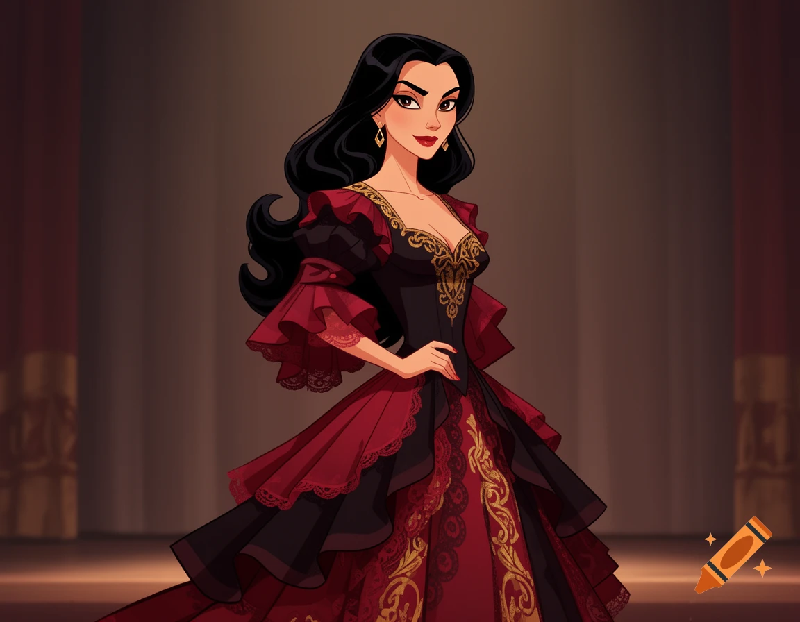 An animated woman with dark hair and red lips, wearing an ornate red and black ruffled dress with gold accents.