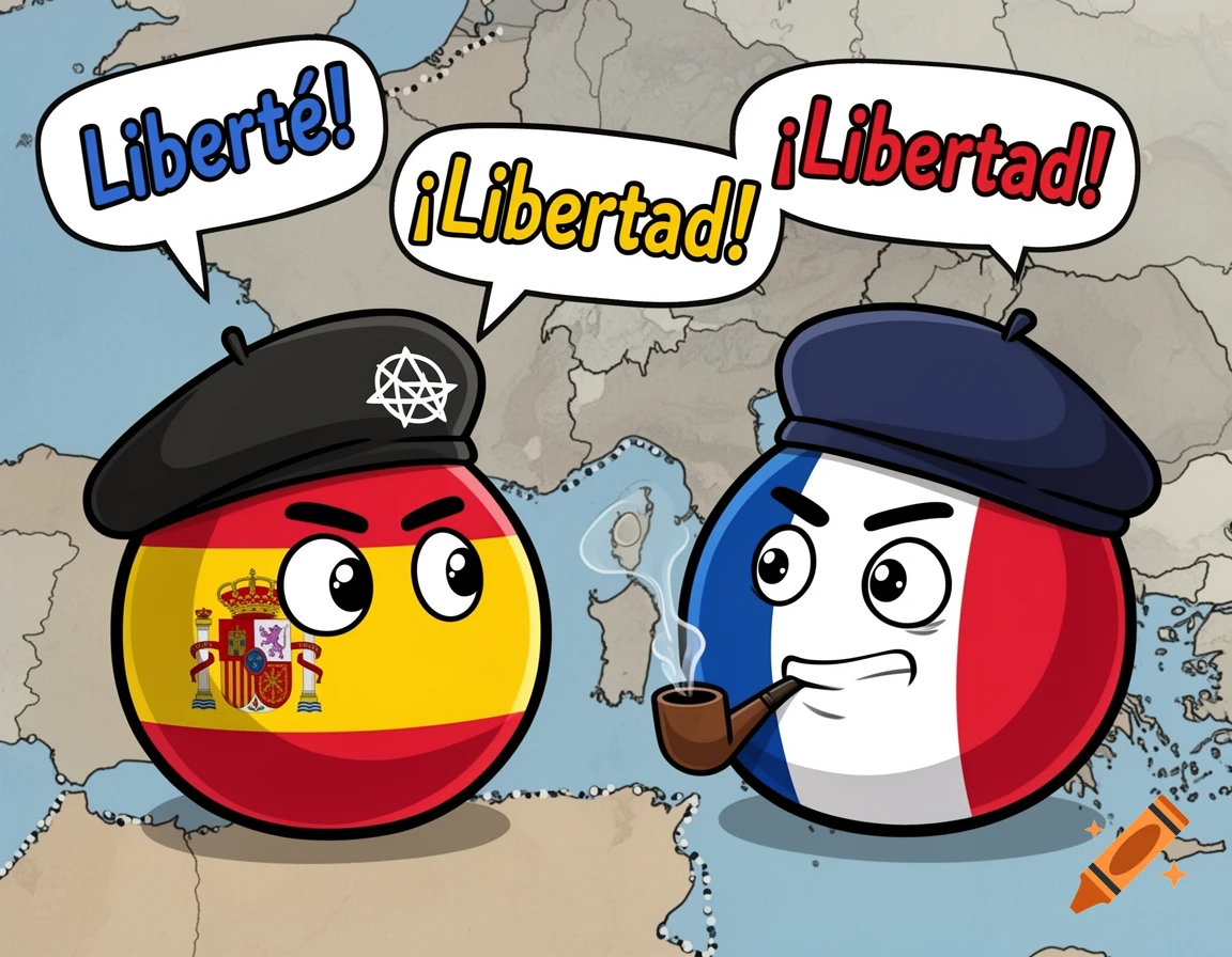Cartoon countryball characters for Spain and France, wearing berets and speaking 'Libertad!' and 'Libert' respectively, over a map of Europe.