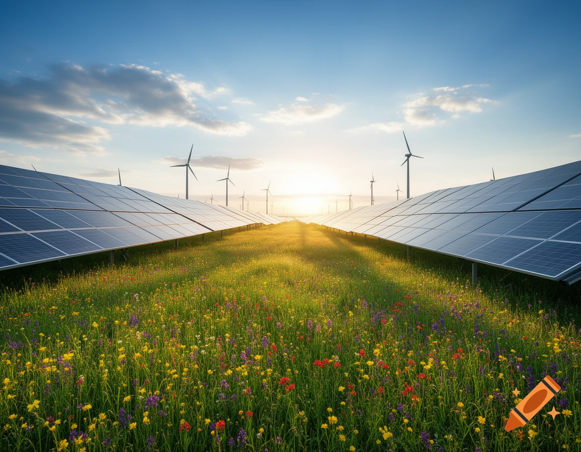 Photorealistic image of a solar farm with wind turbines amidst a vibrant wildflower field at sunset.