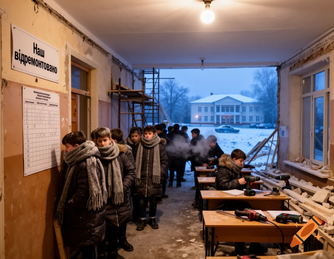 Children in winter coats and scarves gather inside a cold, damaged school under renovation, with snow visible outside. Photorealistic.