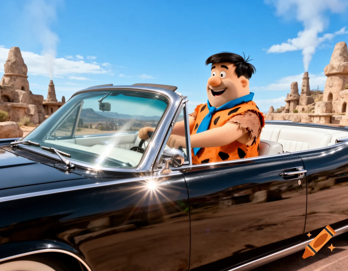 Fred Flintstone smiles while driving a black convertible car through a rocky, prehistoric-looking landscape under a bright blue sky.