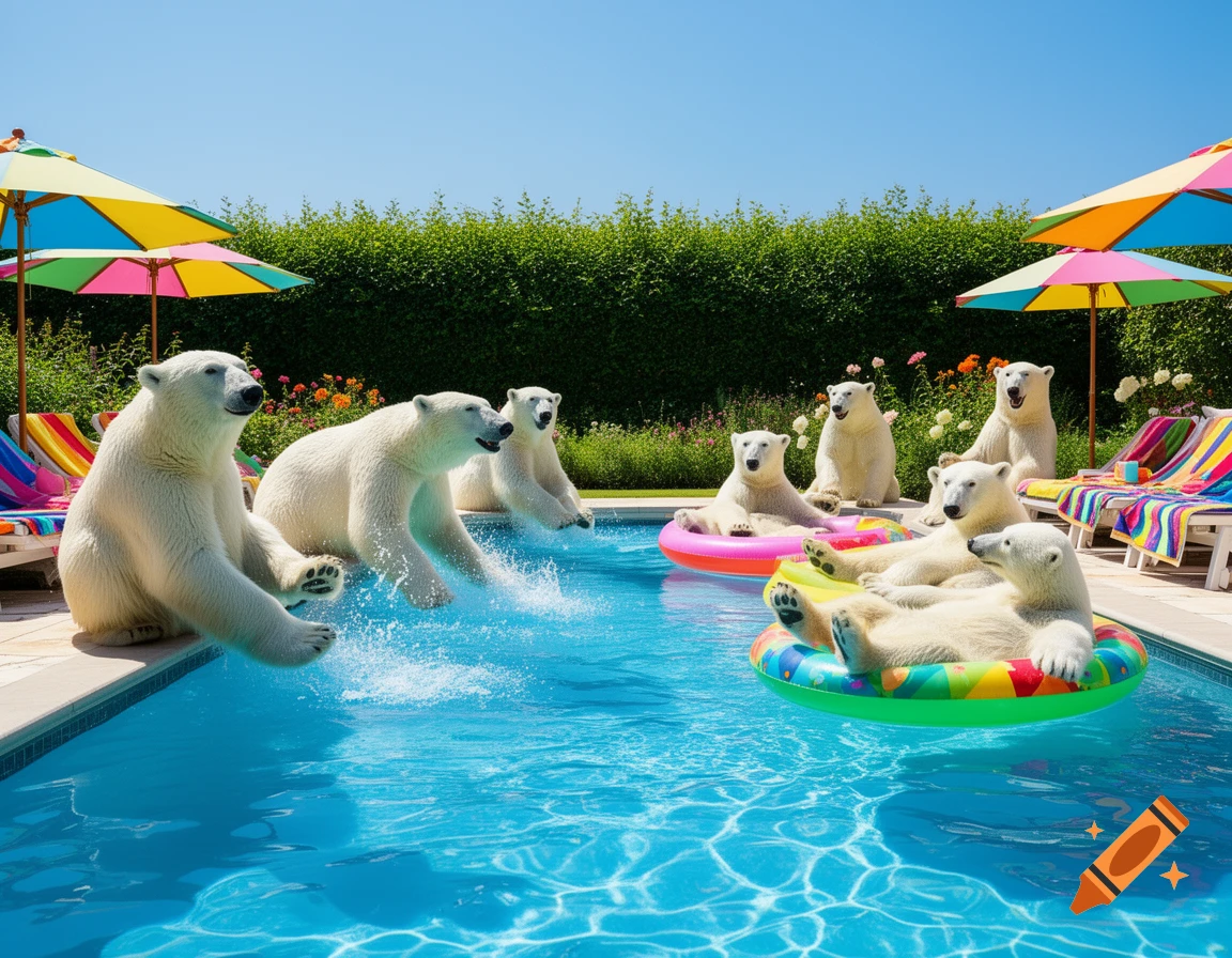 Photorealistic image of several polar bears enjoying a pool party, with some splashing into the water and others lounging on inflatable floats.