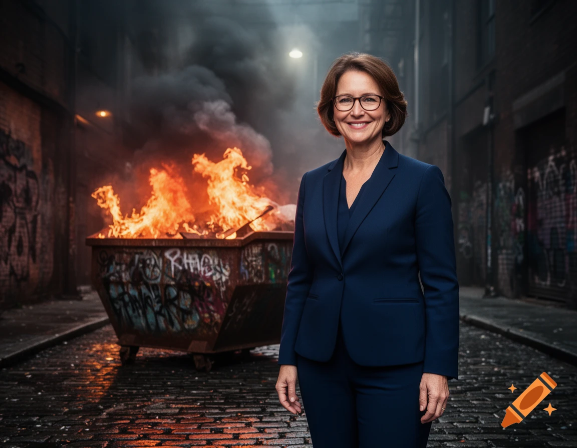 Smiling woman in navy suit stands in a dark alley with a dumpster on fire behind her, photorealistic.