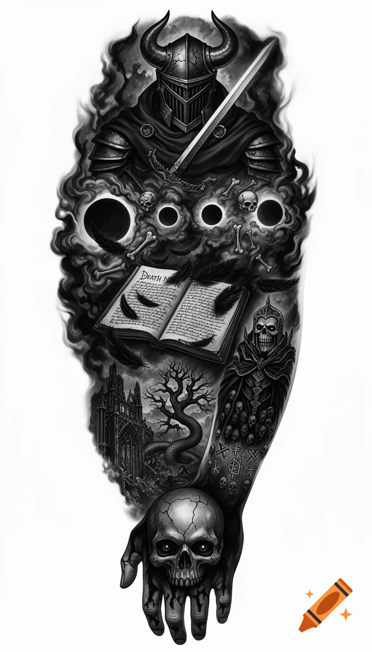 A dark fantasy tattoo sleeve template featuring a horned knight, solar eclipses, skulls, an open Death Note, a skeletal king, a twisted tree, gothic ruins, and a hand holding a cracked skull.