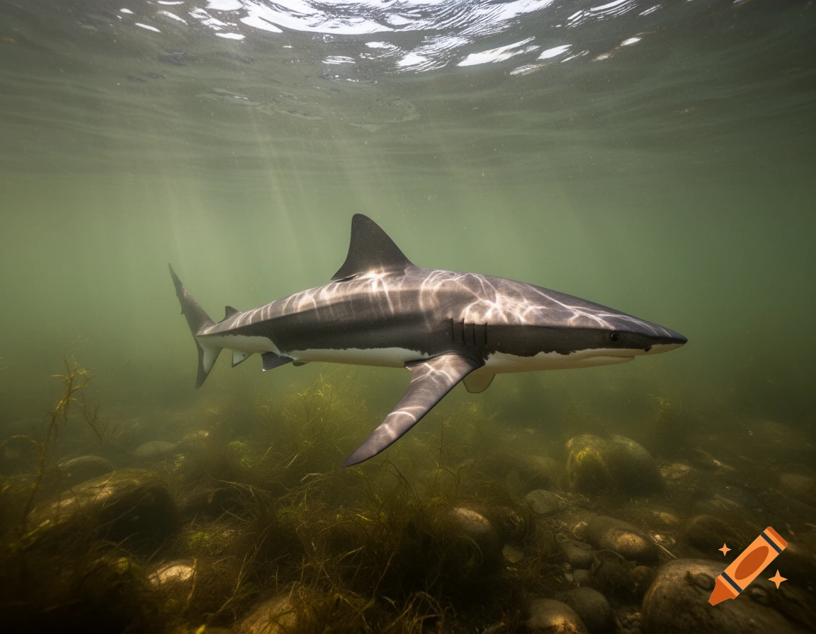 A shark swims through murky green water, illuminated by sunbeams from the surface above, with rocks and seaweed below.