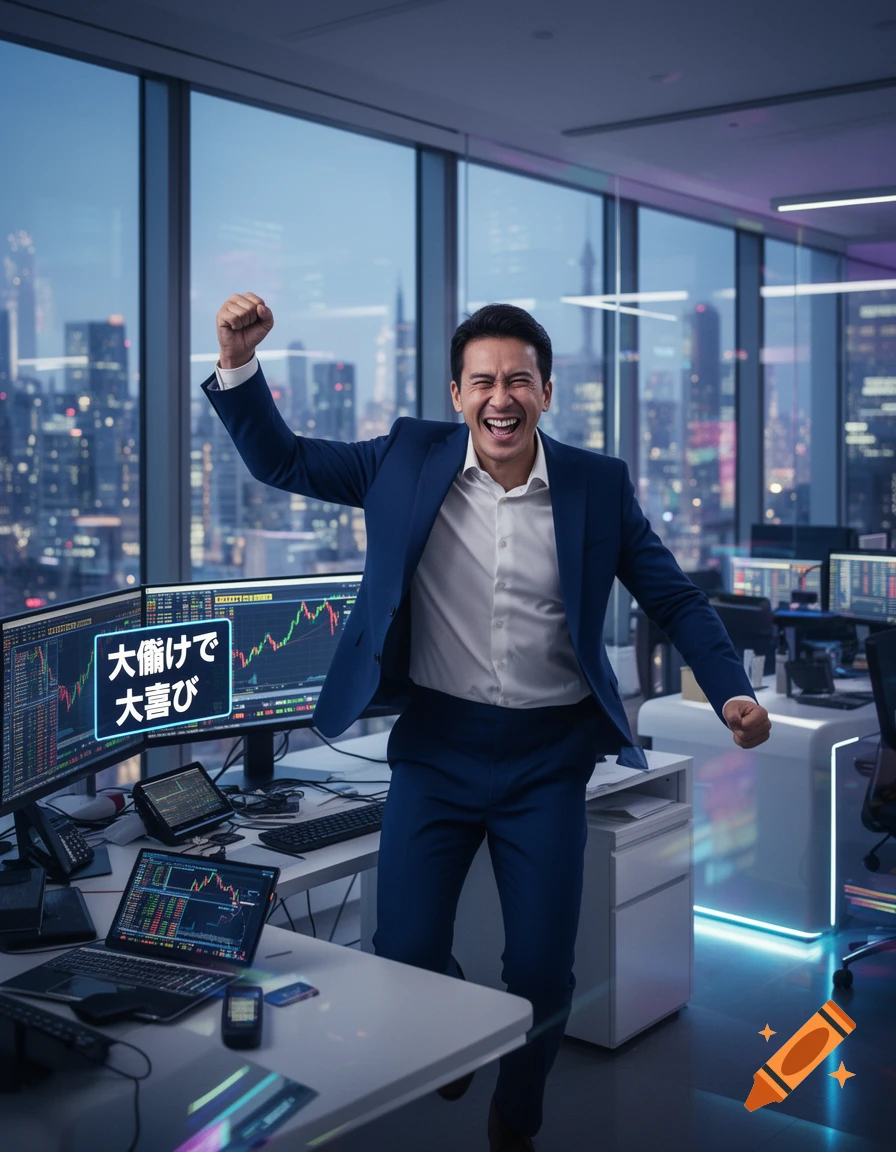 A jubilant stock trader in a suit celebrates a big profit in a modern office with city views and multiple trading screens. Photorealistic.