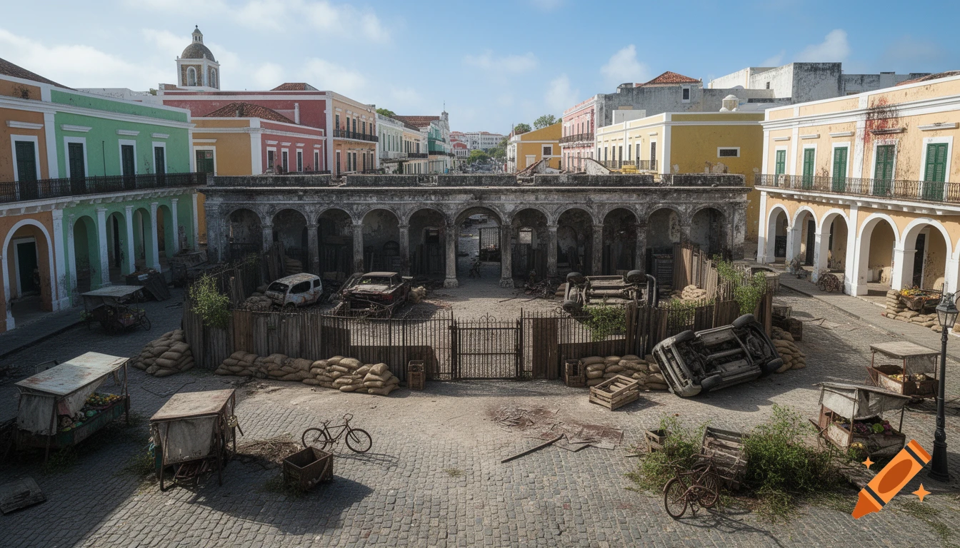 Aerial view of a post-apocalyptic base in an old city square, featuring overturned cars, sandbags, and market stalls surrounded by colorful colonial buildings.