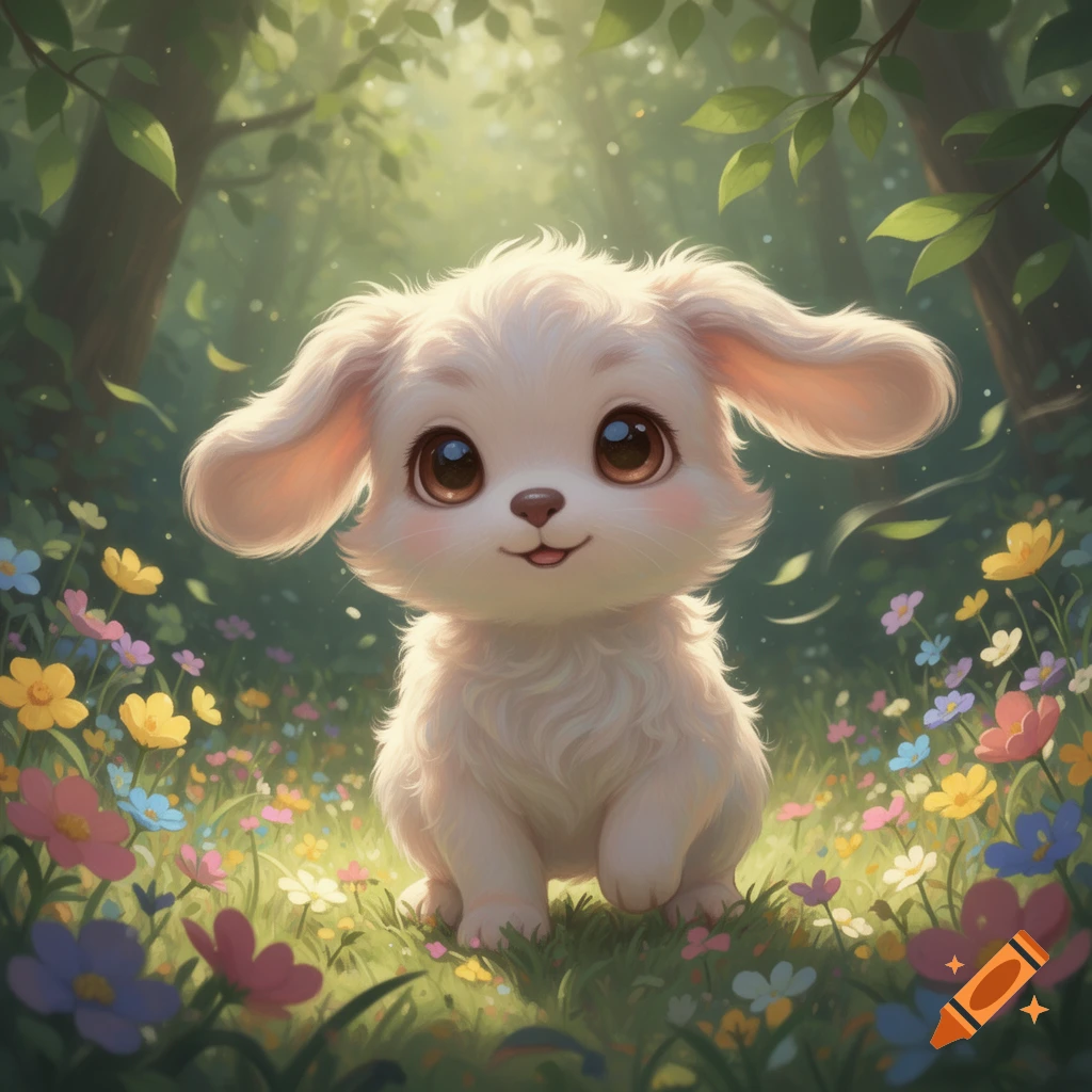 A cute fluffy white creature with big eyes sits in a sunny flower field within a magical forest.