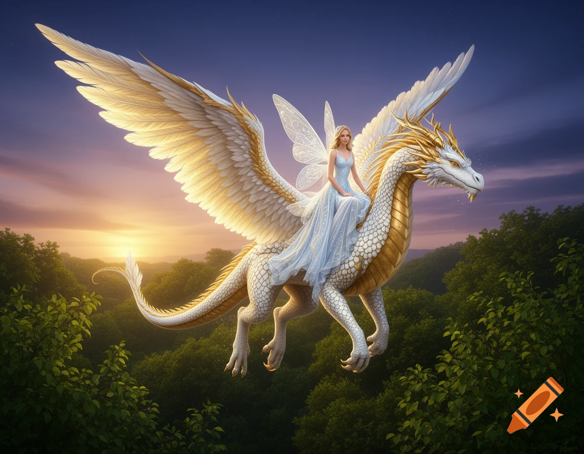 A fairy in a light blue dress with small wings rides on a large white and gold winged dragon flying over a lush forest at sunrise.