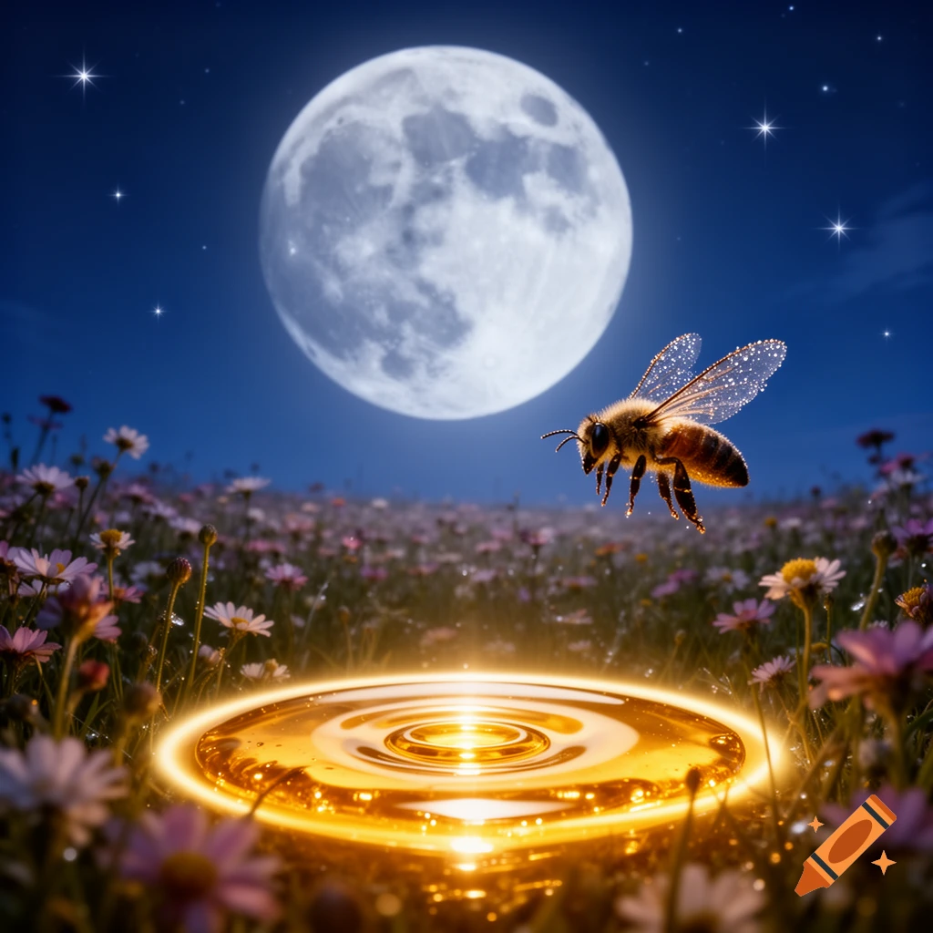 A bee flying over a glowing golden honey puddle in a field of flowers at night under a large full moon and stars.