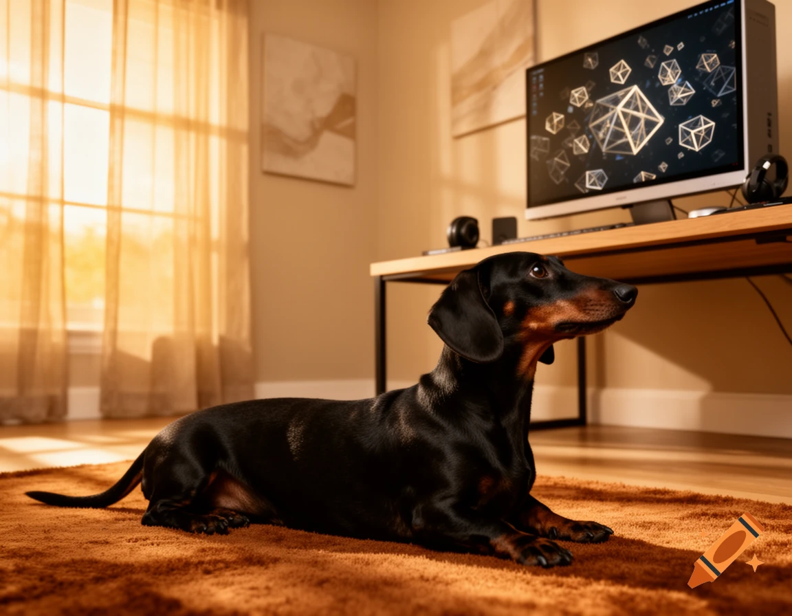 A photorealistic black dachshund lies on an orange rug in a sunlit room, looking right, with a computer on a desk in the background.