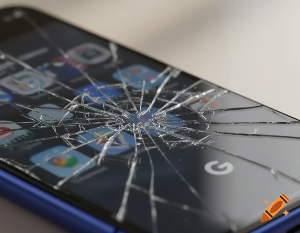 Close-up of a blue smartphone with a severely cracked screen, showing app icons and a Google logo.