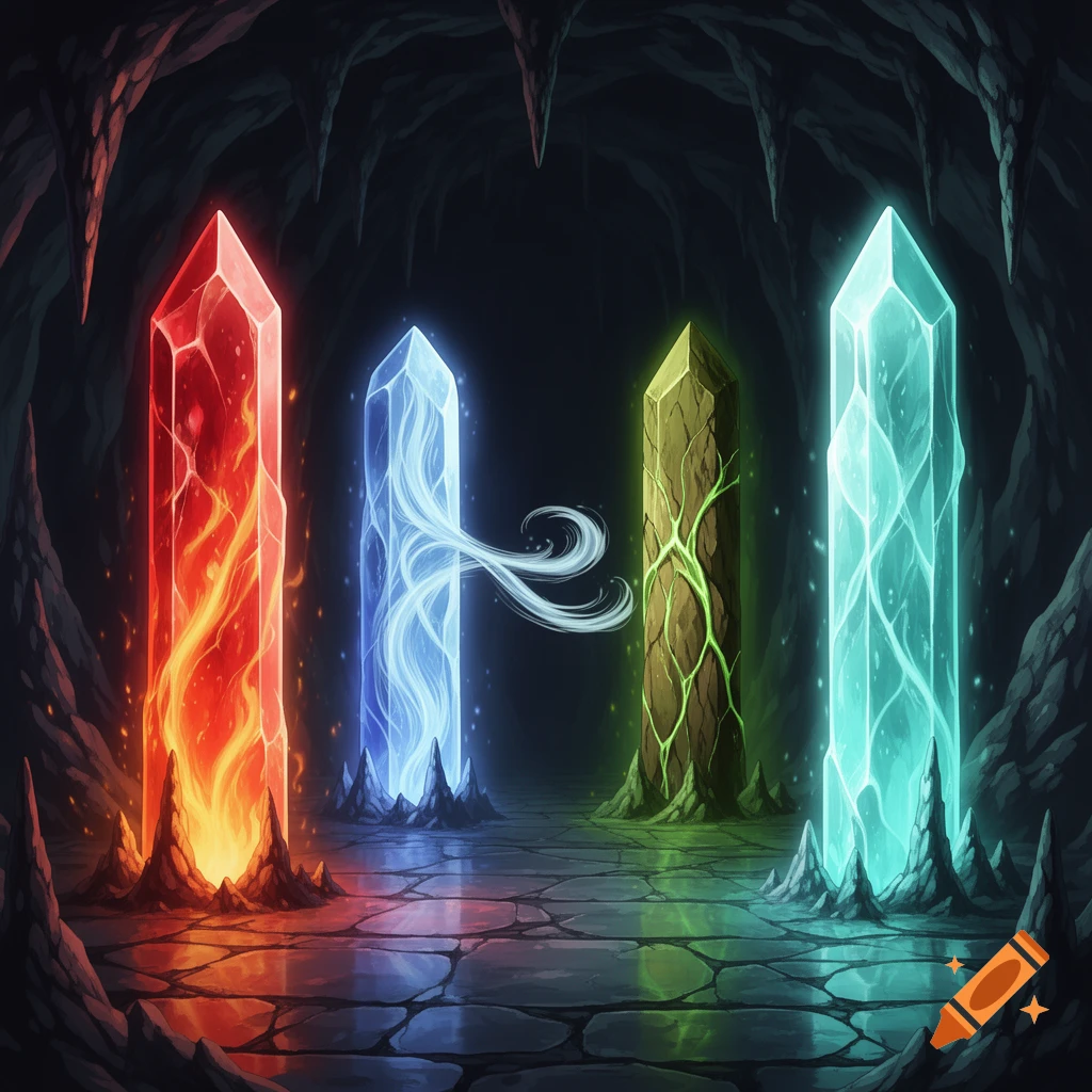 Four glowing elemental crystal pillars in red, blue, green, and light blue in a dark, mysterious cavern.