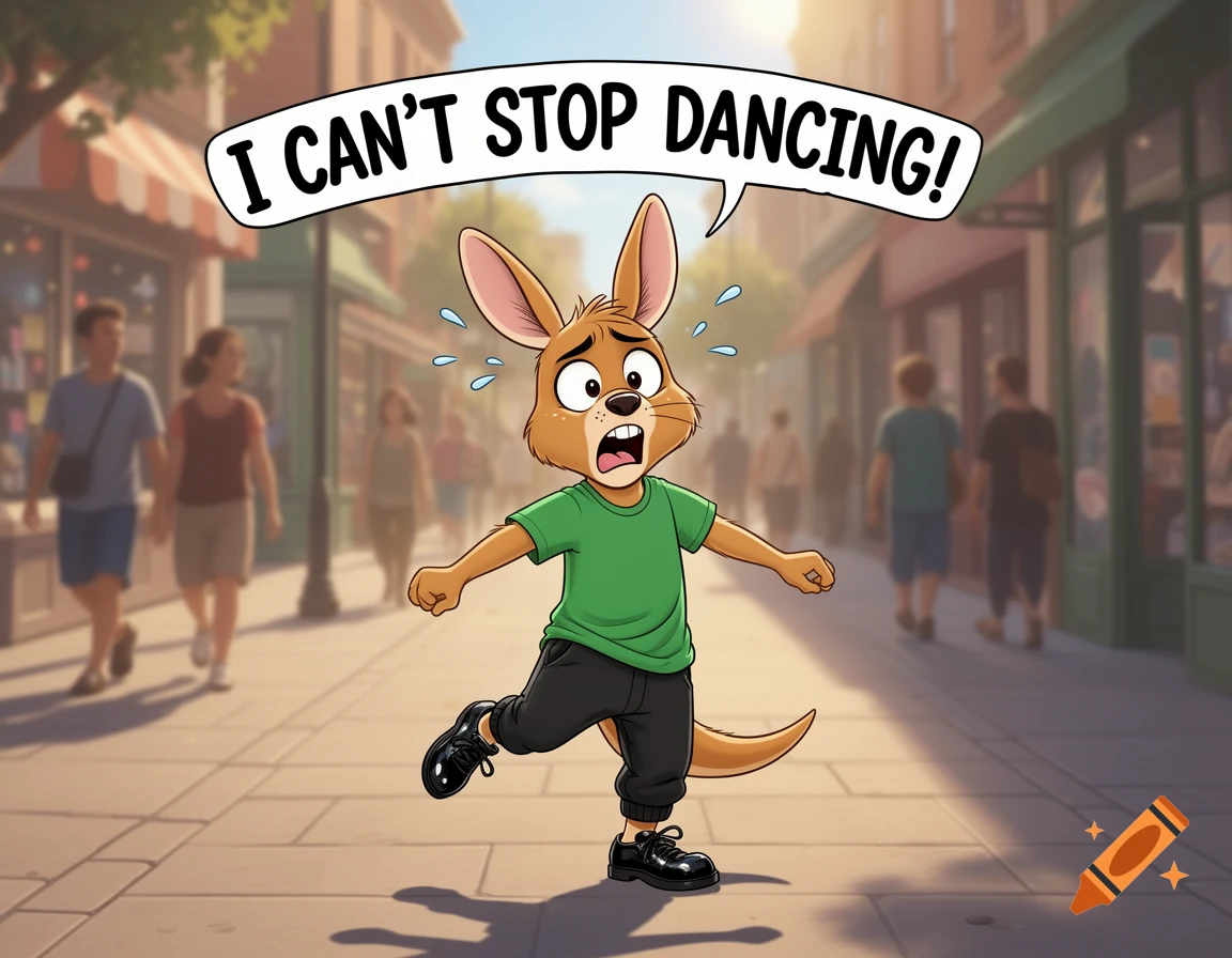 A scared, sweating anthropomorphic cartoon kangaroo in a green t-shirt and black pants tap dancing on a city sidewalk, saying "I CAN'T STOP DANCING!"