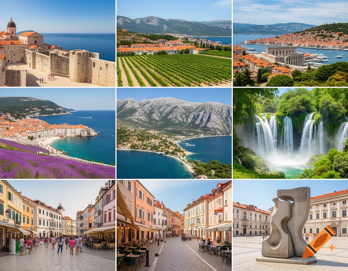 A nine-panel grid of photorealistic images showcasing diverse scenes from Croatia, including historic coastal towns, waterfalls, vineyards, mountains, and bustling city streets.