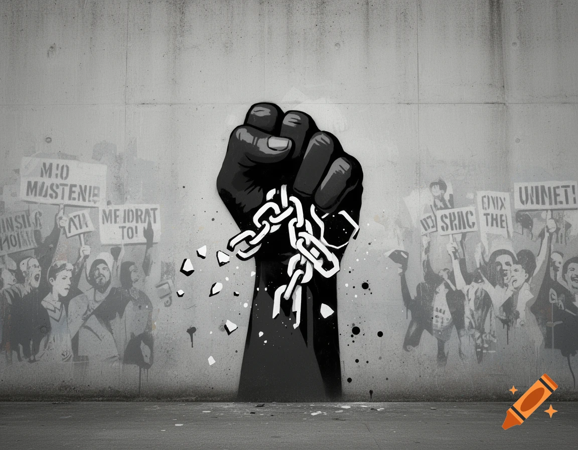 A black fist breaks white chains, stenciled on a concrete wall with faded protest figures and signs in the background.