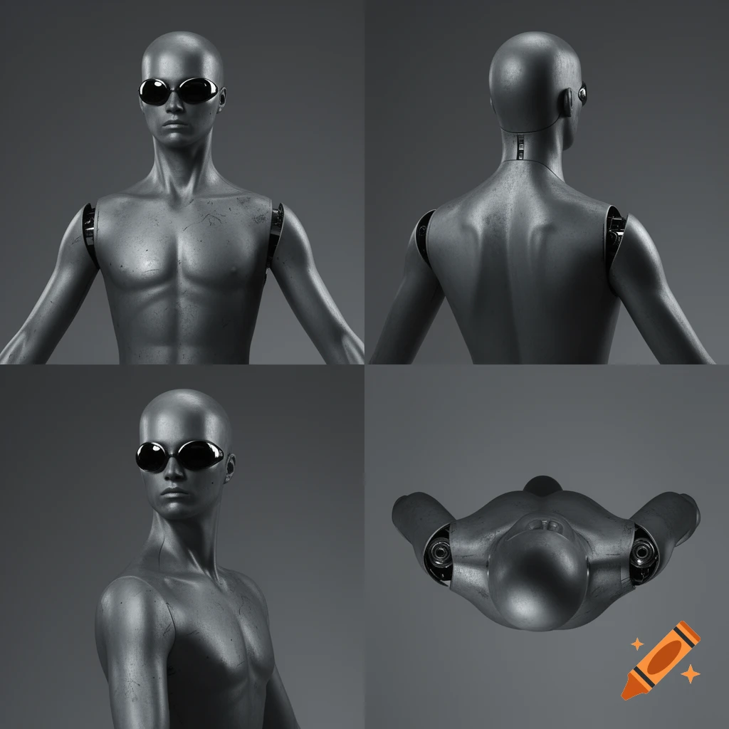 Multiple views of a matte-grey humanoid android with dark sunglasses, shown from the front, back, side, and top.