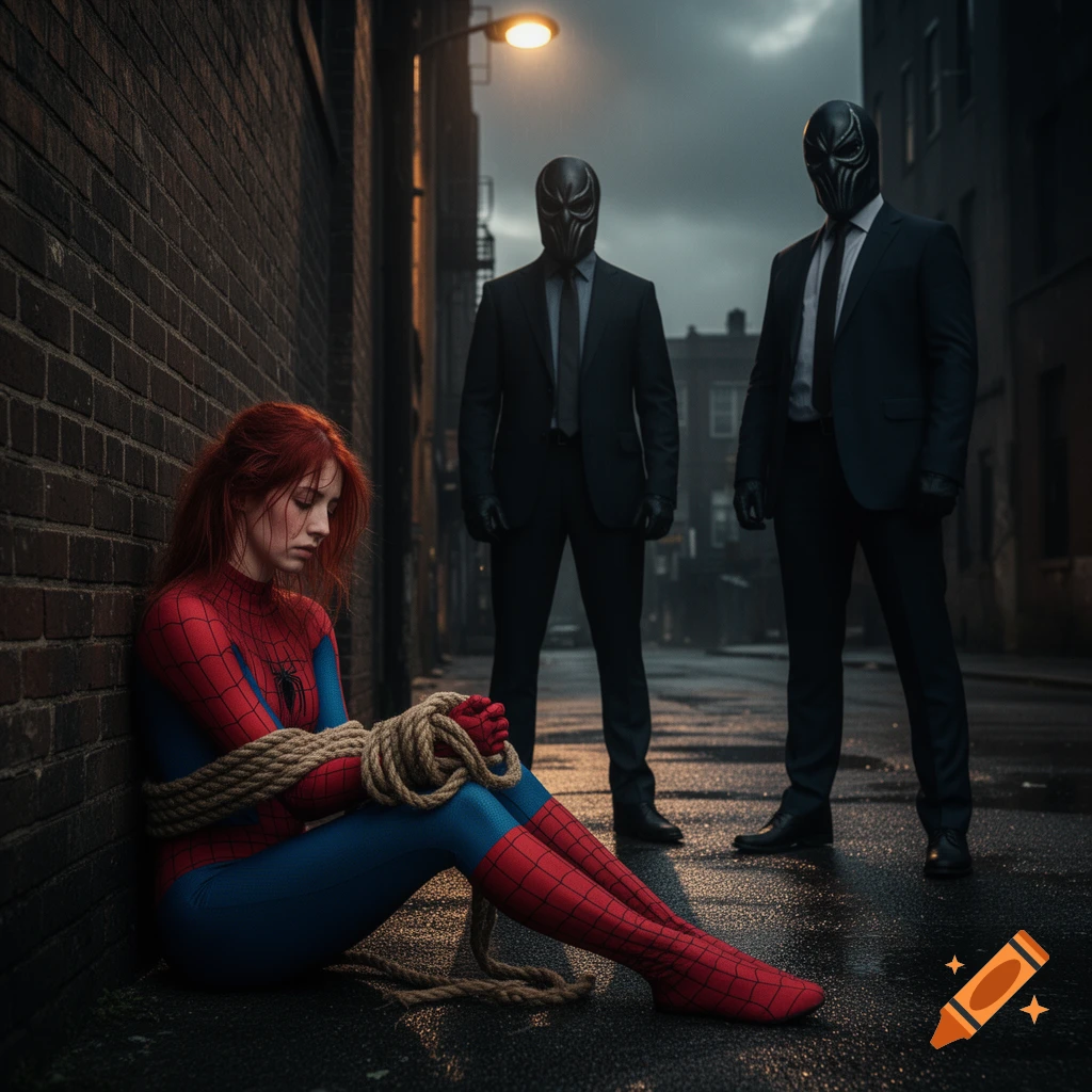 A red-haired woman in a Spider-Man suit, tied with rope, sits distressed against a brick wall in a dark alley with two masked men standing nearby.