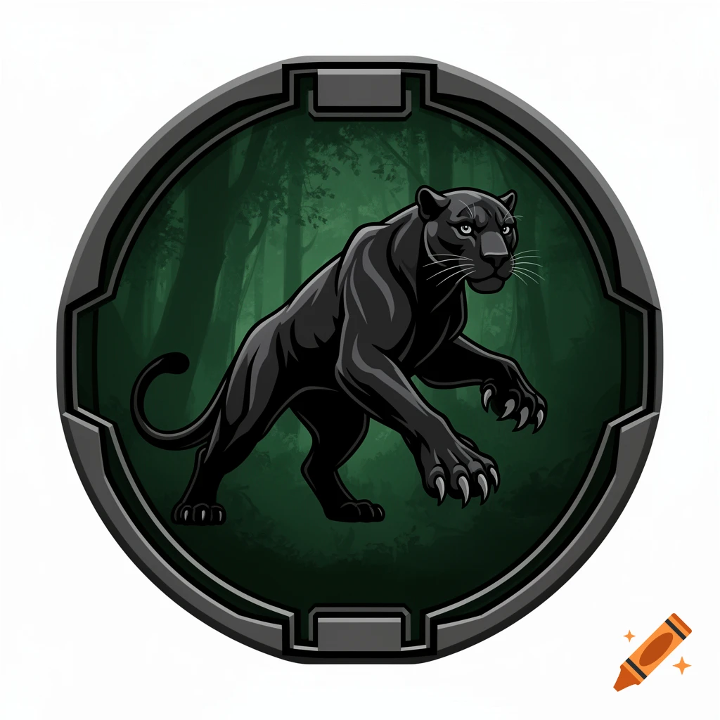 Stylized black panther with sharp claws in a dark green forest background, enclosed within a gray metallic circular emblem.
