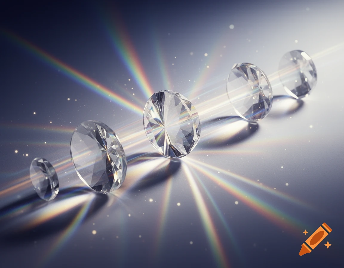 Several diamonds aligned in a row on a reflective surface, sparkling with colorful light refractions and bokeh.