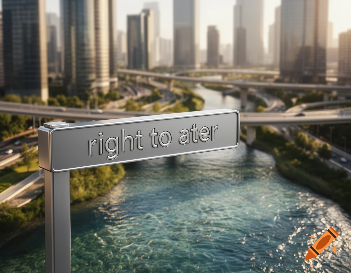 A photorealistic image of a metal sign reading 'right to ater' overlooking an urban cityscape with a river and bridges.