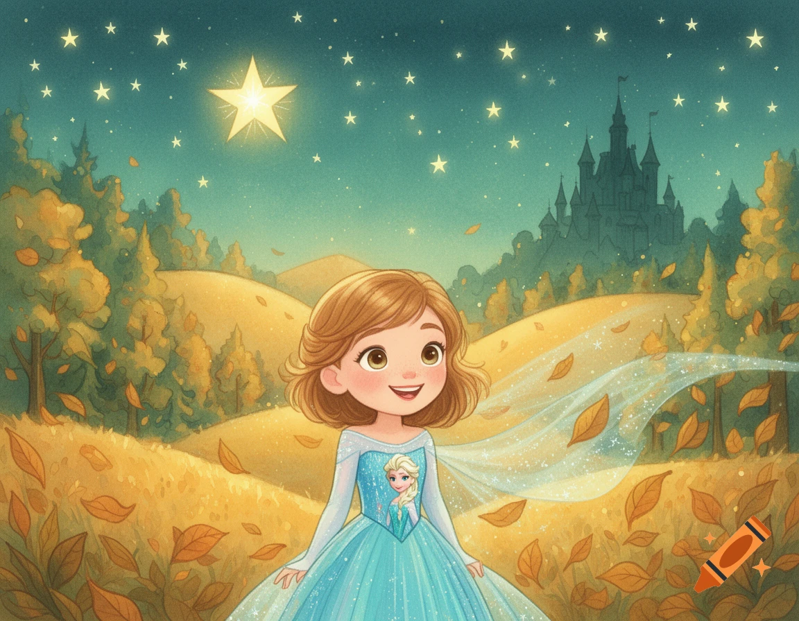 A smiling little girl in a blue princess dress with Elsa on it, in an autumn landscape with a castle and stars.