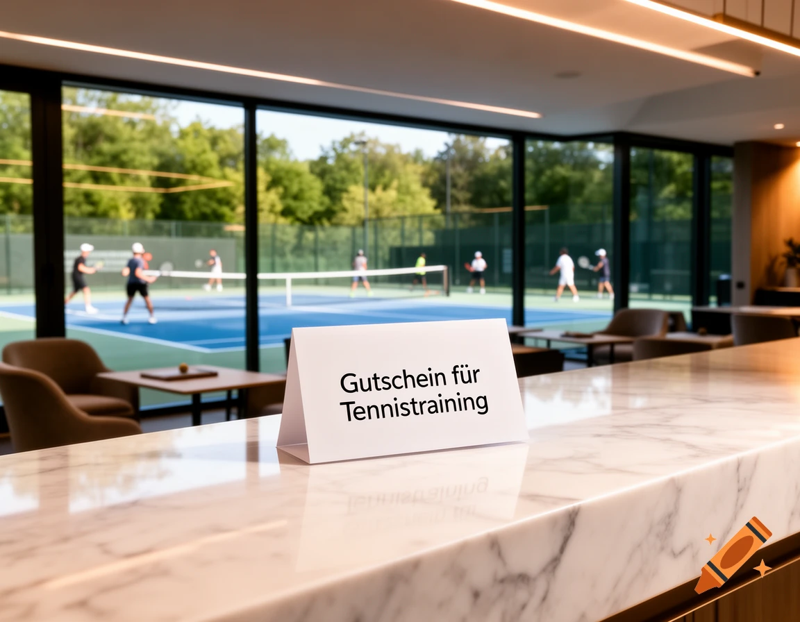 A white voucher for tennis training sits on a marble counter in a lounge overlooking outdoor tennis courts with players.
