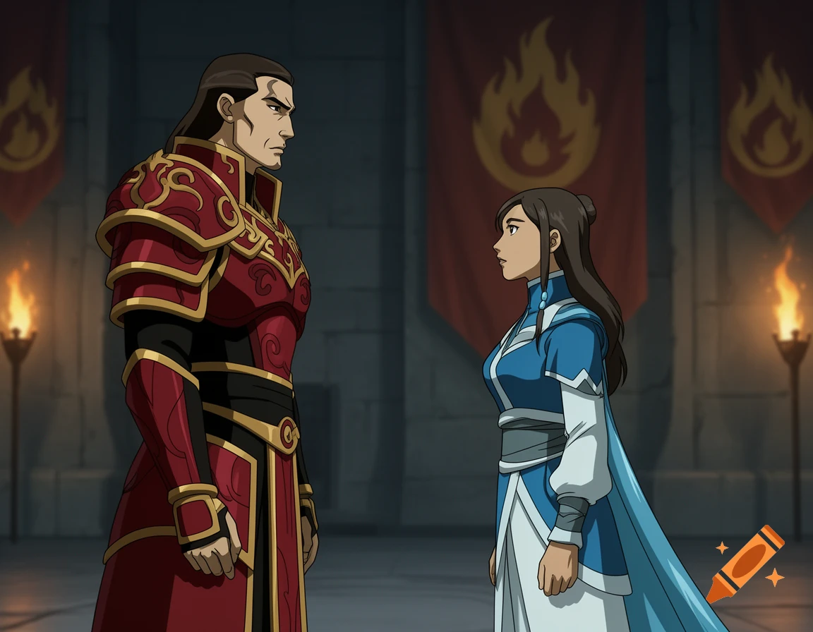 An animated man in red and gold armor and a woman in blue and white stand facing each other in a dimly lit castle hall with flame banners and torches.