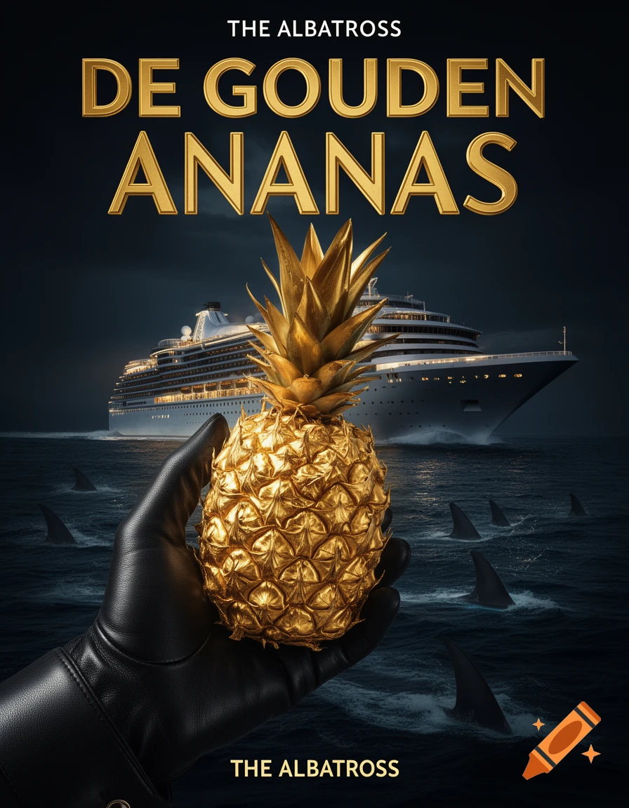 Book cover featuring a gloved hand holding a golden pineapple, a cruise ship, and shark fins on a dark stormy sea. Text reads "DE GOUDEN ANANAS" and "THE ALBATROSS".