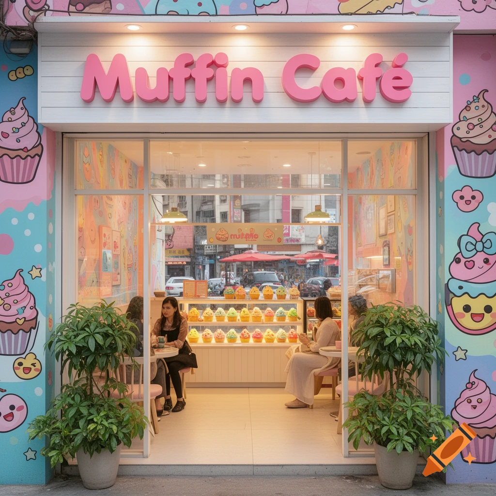 Exterior of a pink and blue Muffin Cafe with cute cupcake murals, displaying colorful muffins inside, with two customers visible.