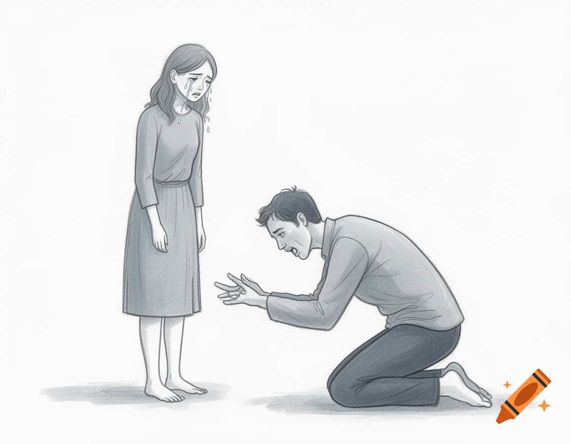 A simple black and white drawing of a woman standing and crying next to a man on his knees, reaching out with open hands.