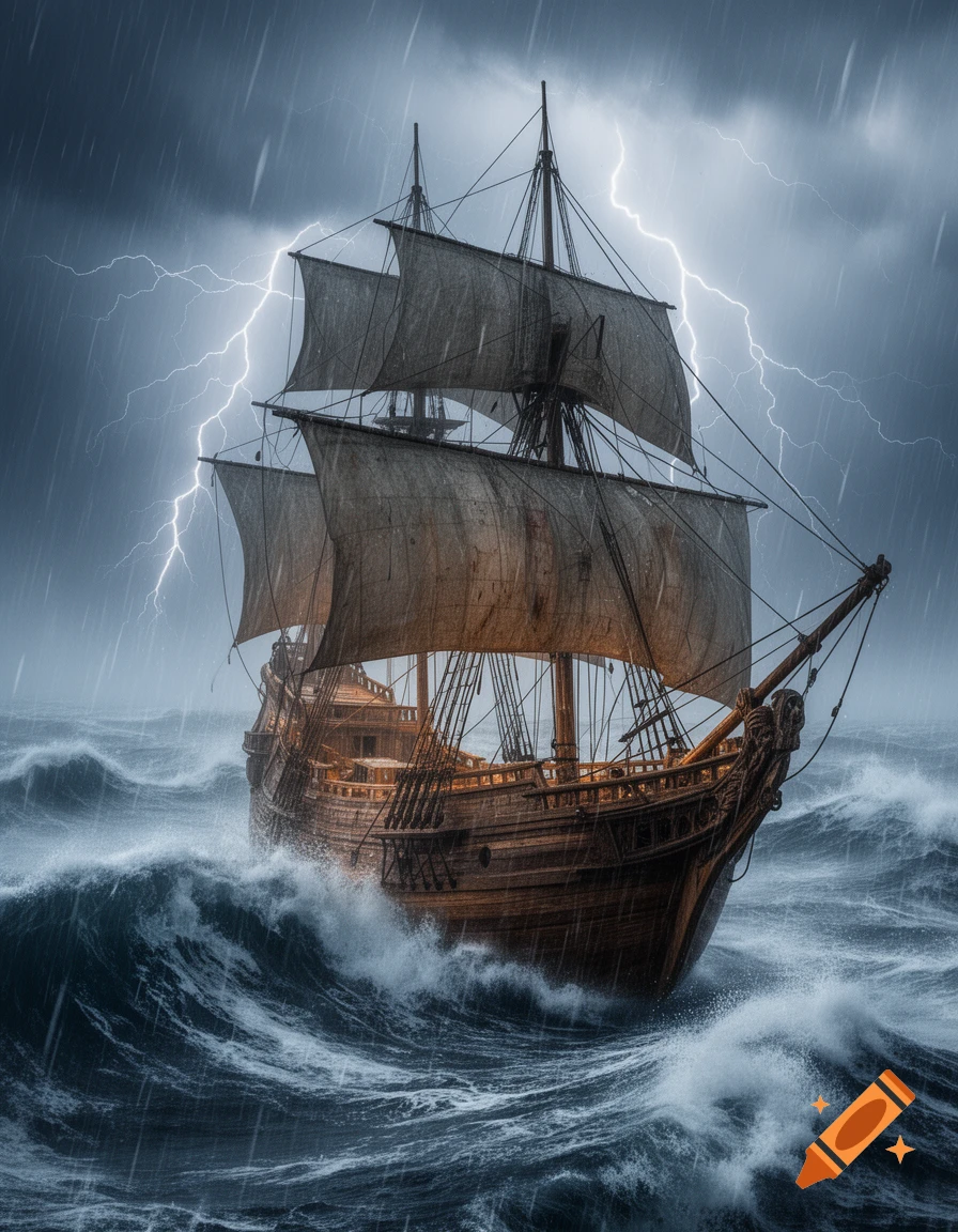 Photorealistic image of a vintage wooden ship battling gigantic waves and heavy rain during a violent lightning storm at sea.